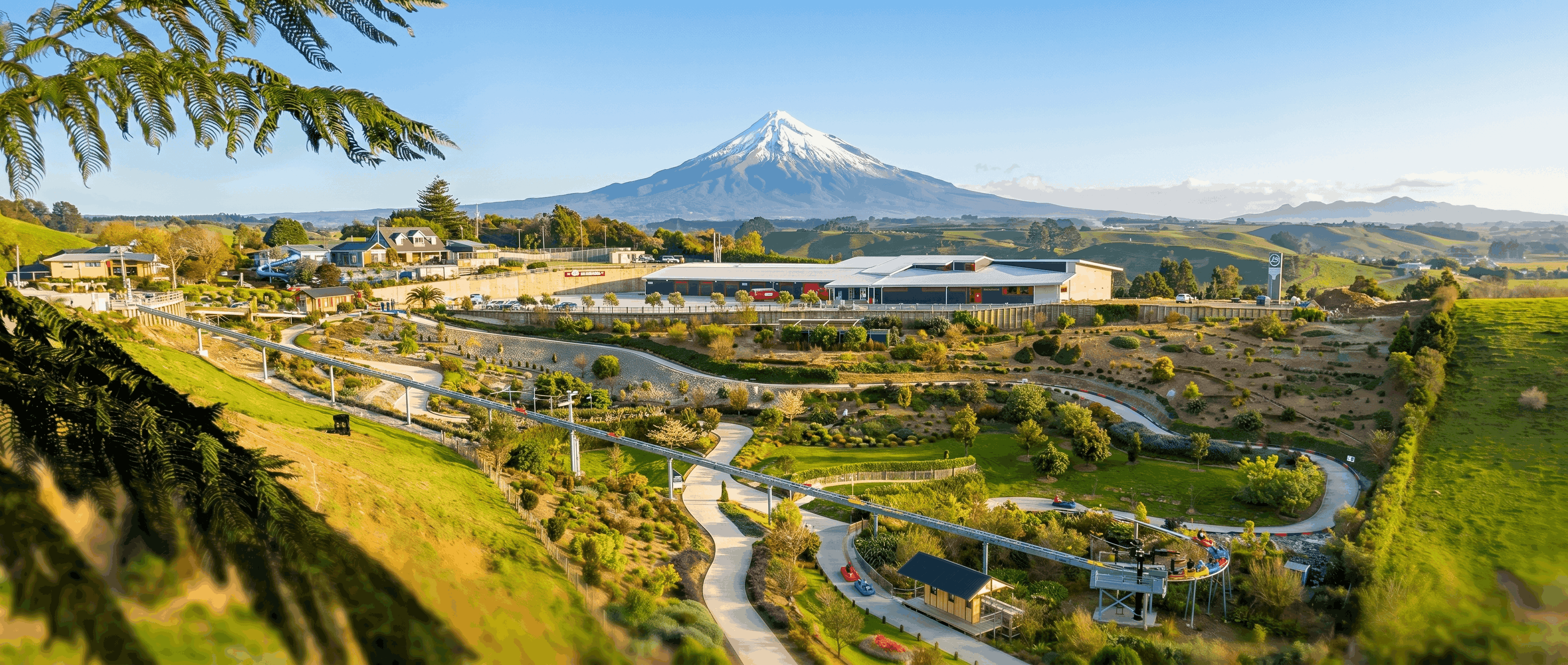 Panoramic view of Hillsborough Hideaway with Mount Taranaki in the background